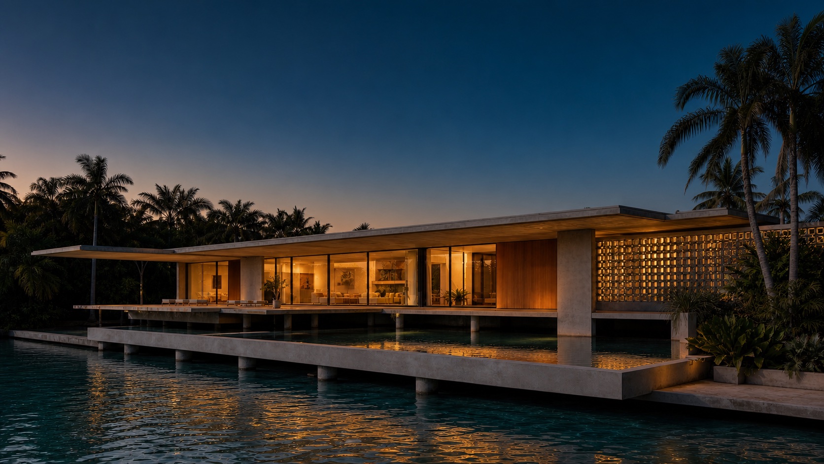The residence glowing at dusk